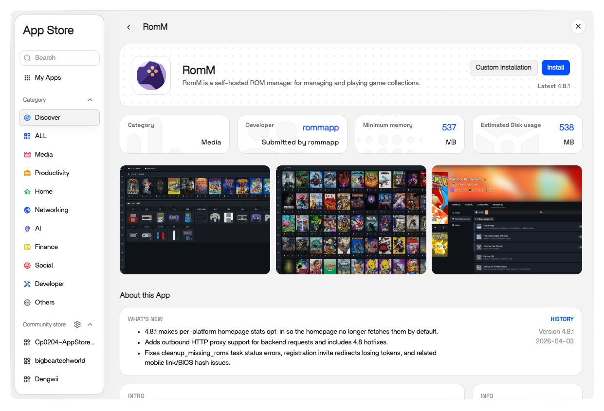 RomM in the ZimaOS App Store