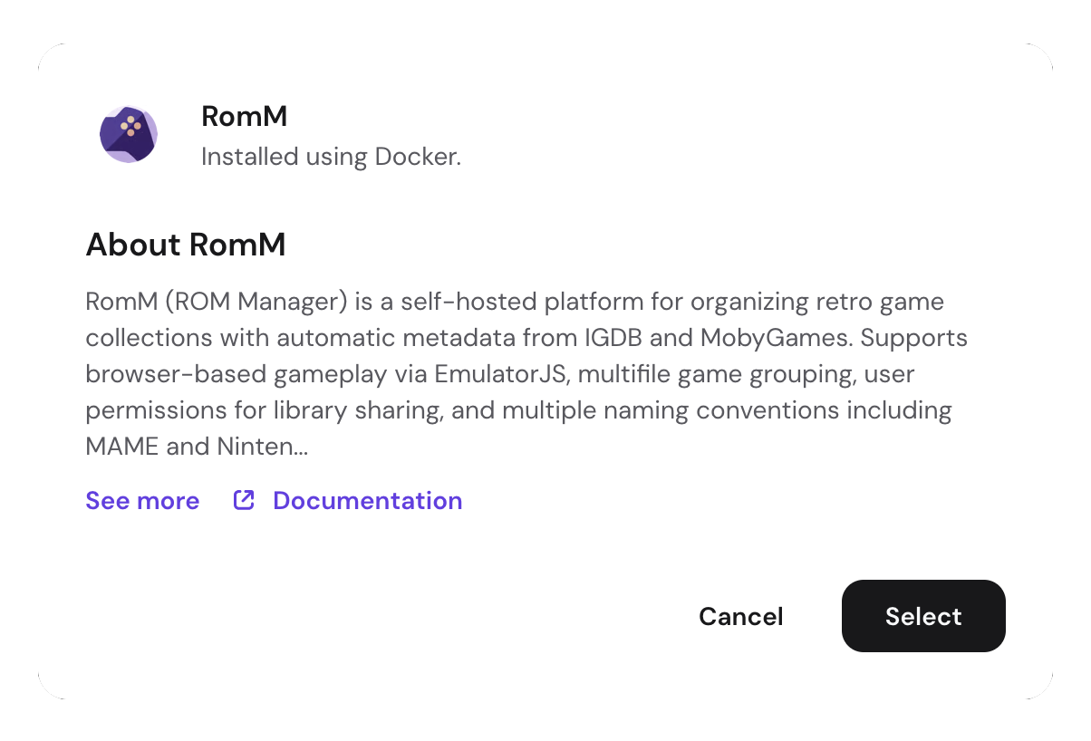 The RomM application card in the Hostinger catalog