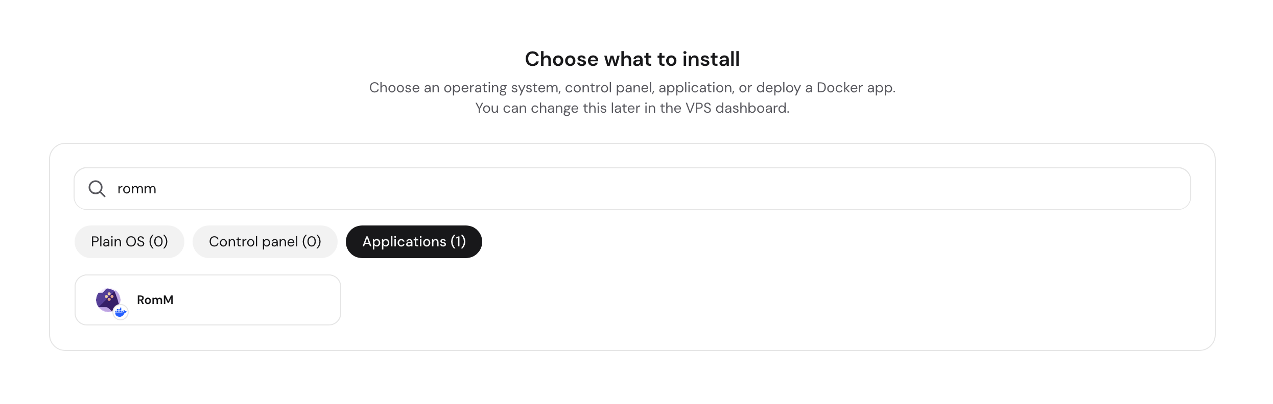 Searching for RomM in the Hostinger application catalog
