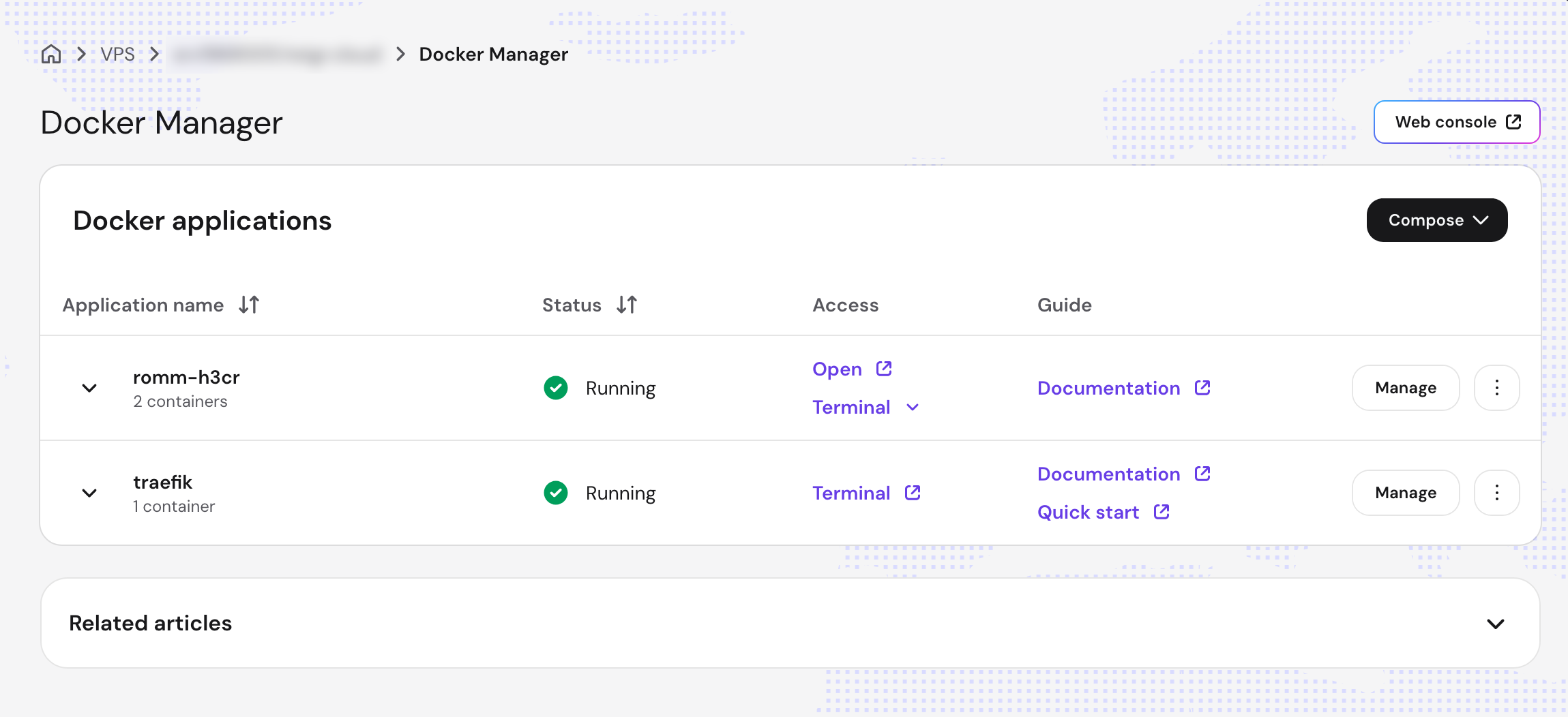 The RomM and Traefik applications in Hostinger's Docker Manager