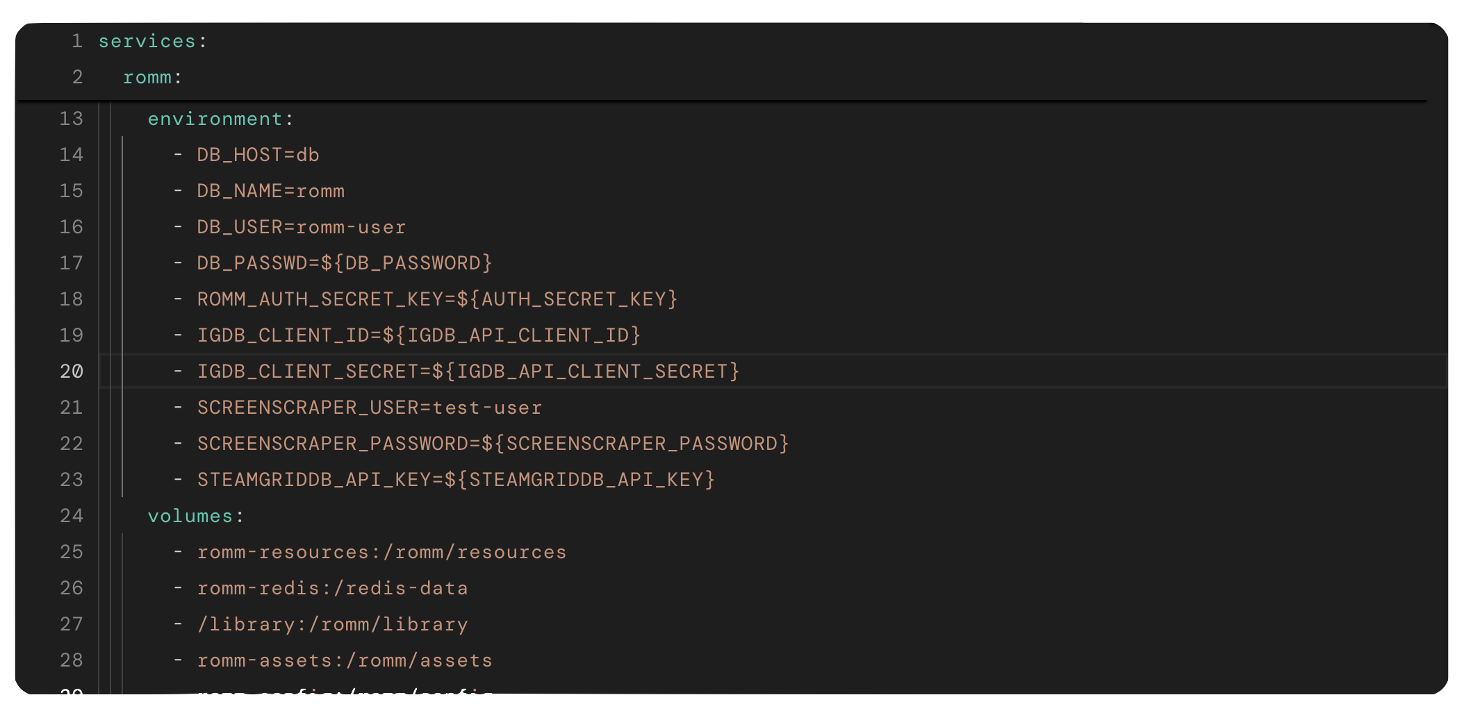 Editing the RomM compose file in Hostinger's YAML editor